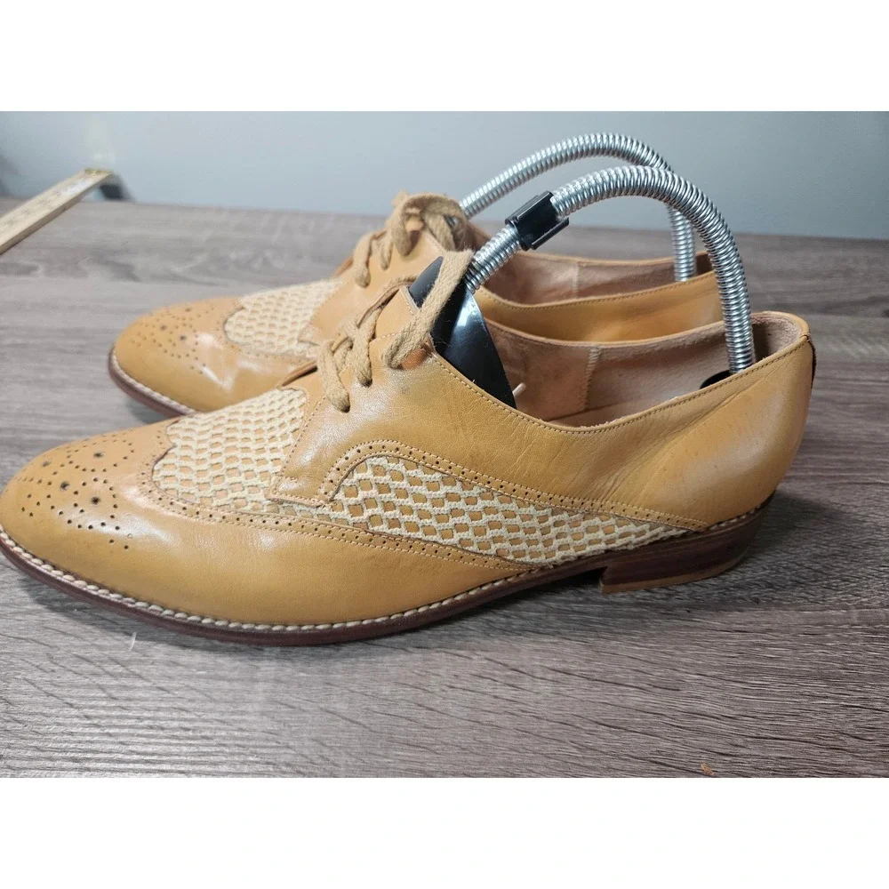 Vintage Famolare Piper Tan Leather Woven Wingtip Oxfords Mens 10.5 M Brazil